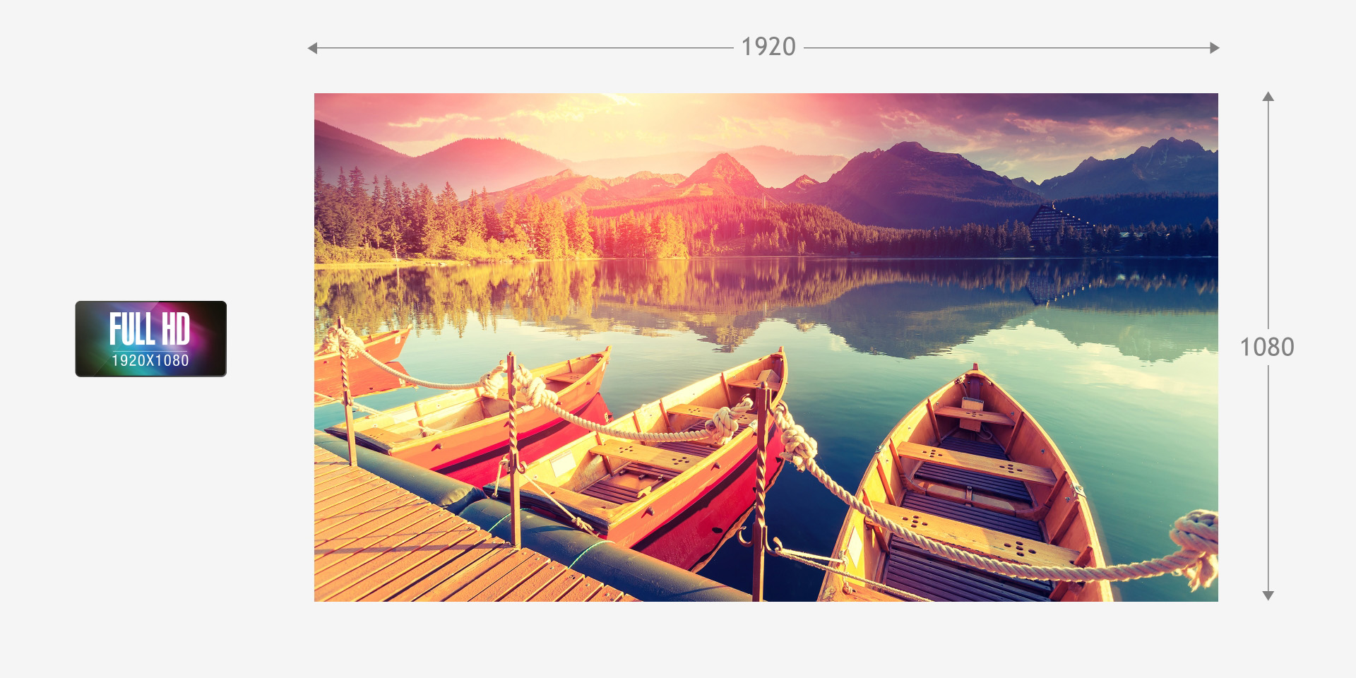 A picture of a scene showing four boats docked on a lake front.